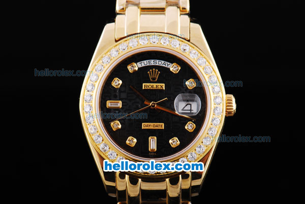 Rolex Day-Date Oyster Perpetual Chronometer Automatic Diamond Bezel with Full Gold Case and Strap- Black Dial with Rolex Logo-Diamond Marking - Click Image to Close